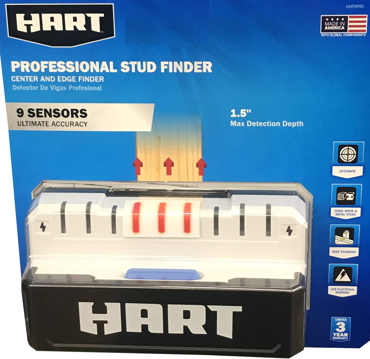 HART PROFESSIONAL STUD FINDER | CENTER & EDGE FINDER | 5" LED DISPLAY • 9-SENSORS • 1.5" DETECTION DEPTH | WOOD & METAL STUDS Hart
