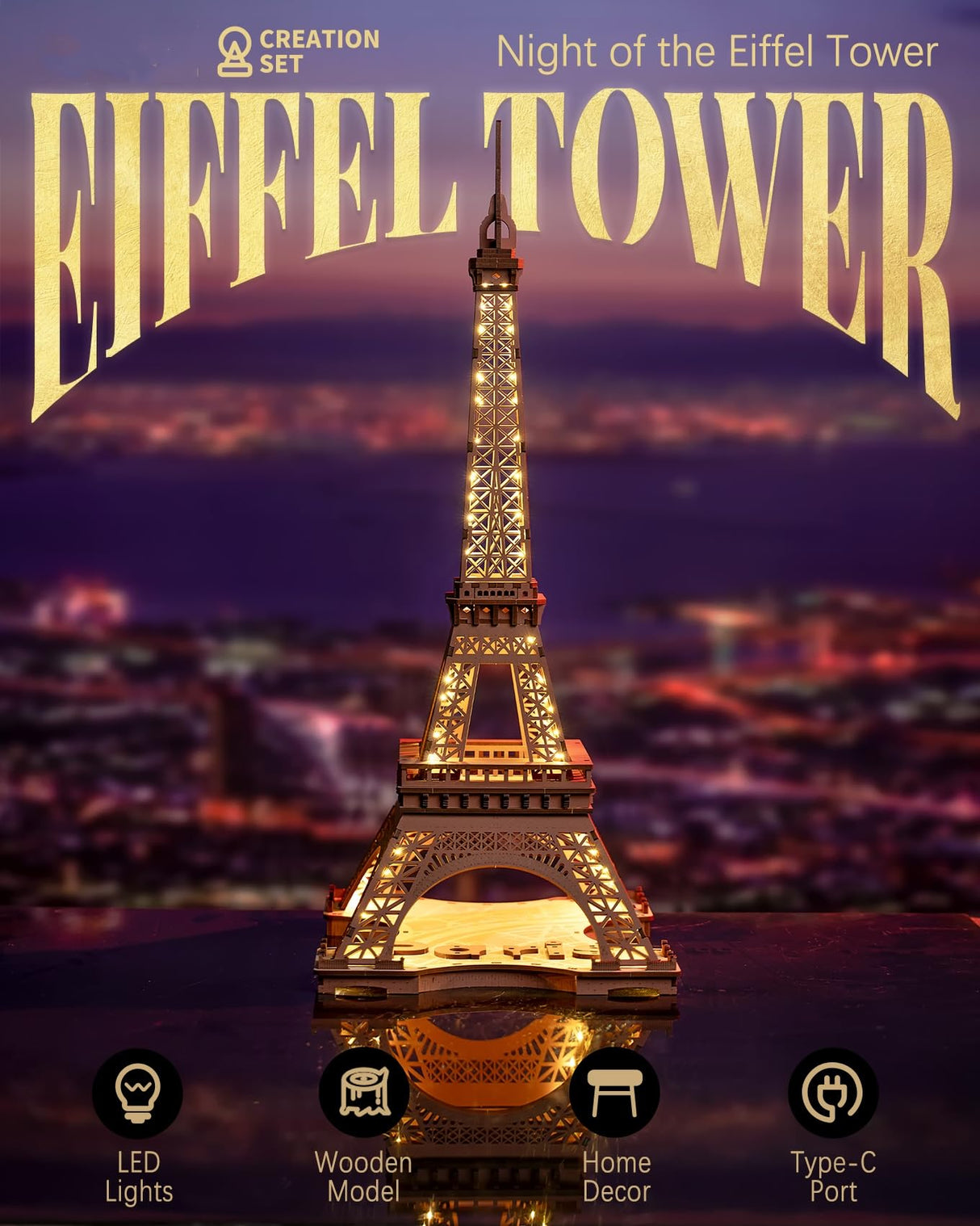 ROBOTIME 3D Puzzle for Adults DIY Model Building Kit with LED Light Wooden Eiffel Tower Craft Kit Architecture Toy Set Brain Teaser Gifts for Kids ROBOTIME