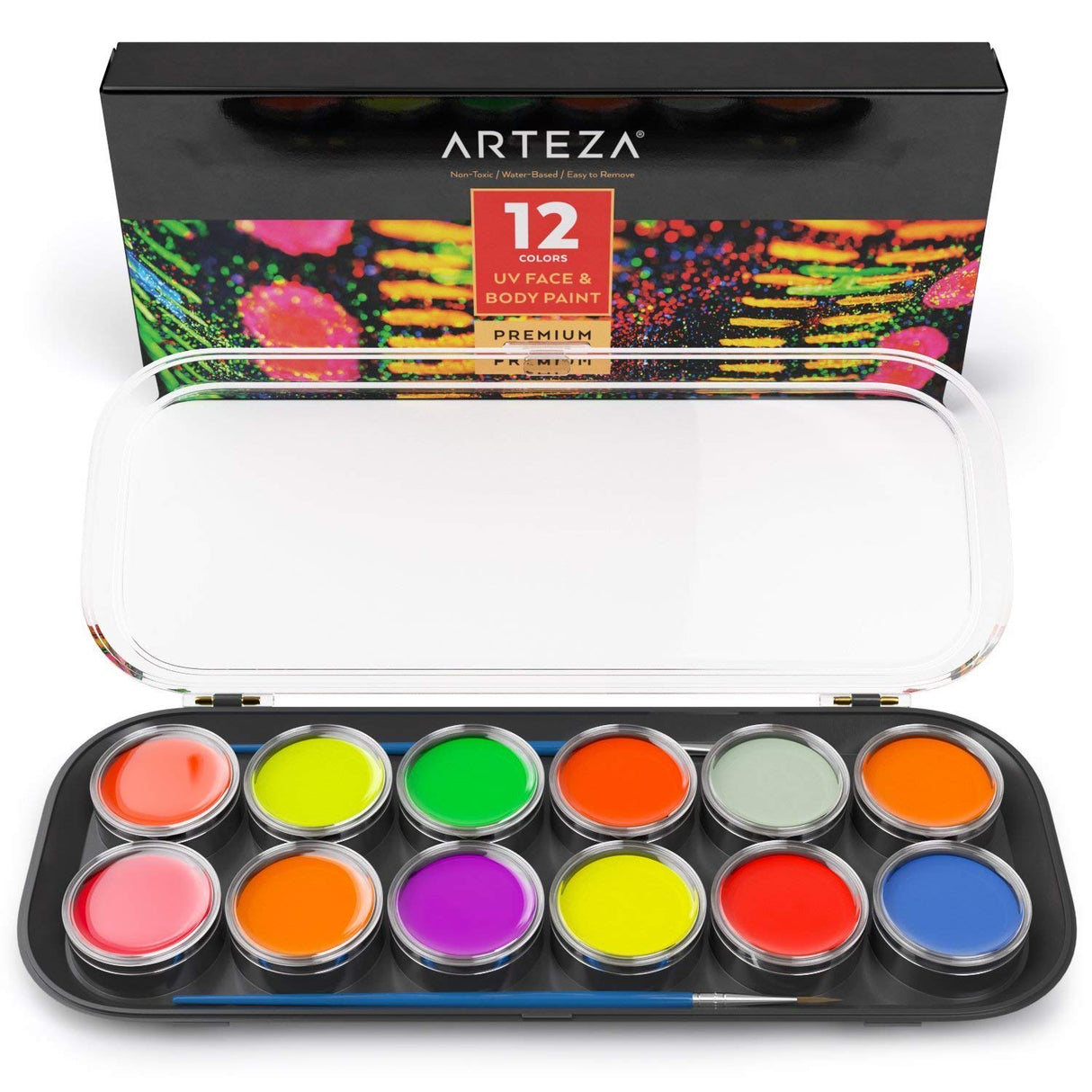 ARTEZA UV Face Paint Kit, 12 Neon Colors, Water Based, Nontoxic Paint for Professional Halloween & Day of The Dead Costumes, Festivals, Theater & ARTEZA