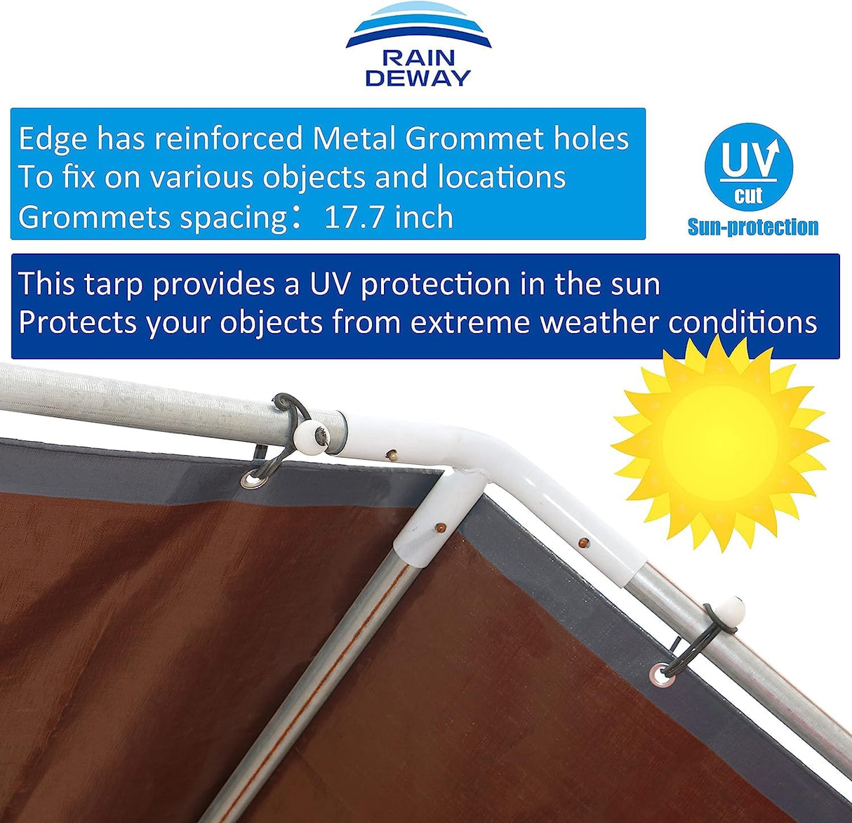 RAINDEWAY 10x20 Feet Super Heavy Duty Tarp 18 Mil, UV Resistant, Weatherproof, Multipurpose Waterproof Poly Tarp with Reinforced Edges, Brown/Gray RAINDEWAY