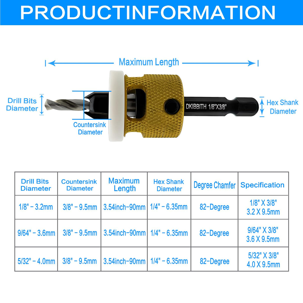 3 Pcs Countersink Drill Bit Set, HSS M2 Tapered Bits #10#12#14-1/8" 9/64" 5/32" Drill, 3/8” 82° Counter-Bore, 1/4” Hex Shank, with Adjustable Depth - WoodArtSupply