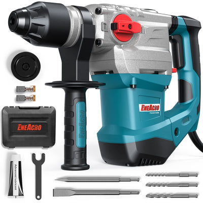 ENEACRO 1-1/4 Inch SDS-Plus 13 Amp Heavy Duty Rotary Hammer Drill, Safety Clutch 4 Functions with Vibration Control Including Grease, Chisels and