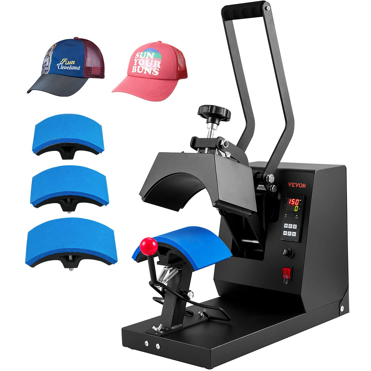 VEVOR Hat Heat Press, 4-in-1 Cap Heat Press Machine, 6x3inches Clamshell Sublimation Transfer, LCD Digital Timer Temperature Control with 4pcs Curved VEVOR