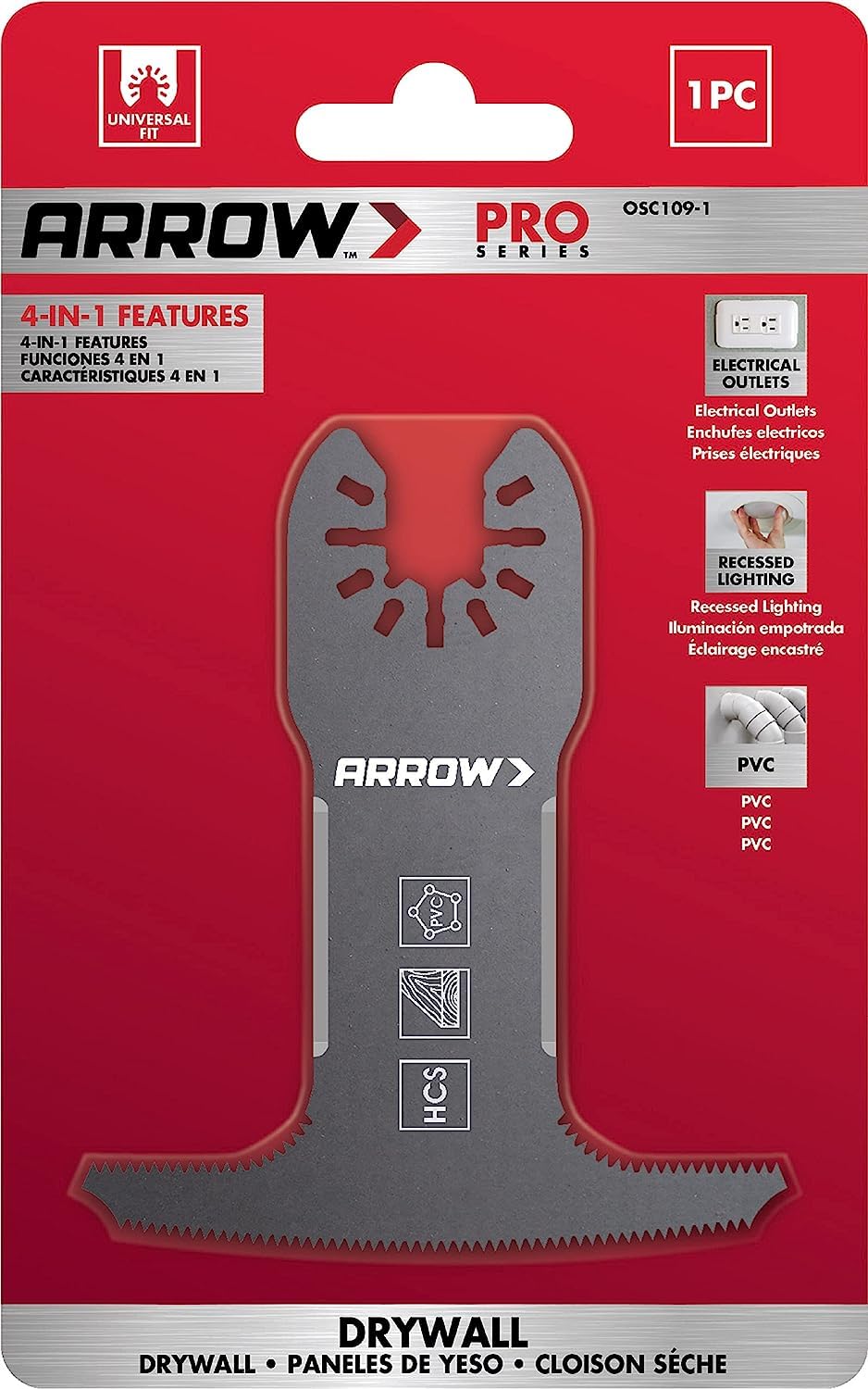 Arrow OSC109-1, 4-IN-1 Drywall Oscillating Tool Blade for Electrical Outlet Boxes, Recessed Lights, PVC, Universal, Fits Most Multitools Arrow Fastener