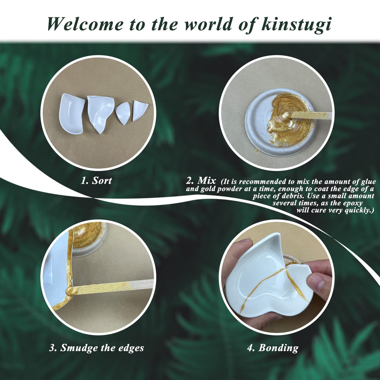 Kintsugi Repair Kit Gold, Japanese Kintsugi Kit to Improve Your Ceramic, Repair Your Meaningful Pottery with Gold Powder Glue, Perfect for Beginners 1DFAUL