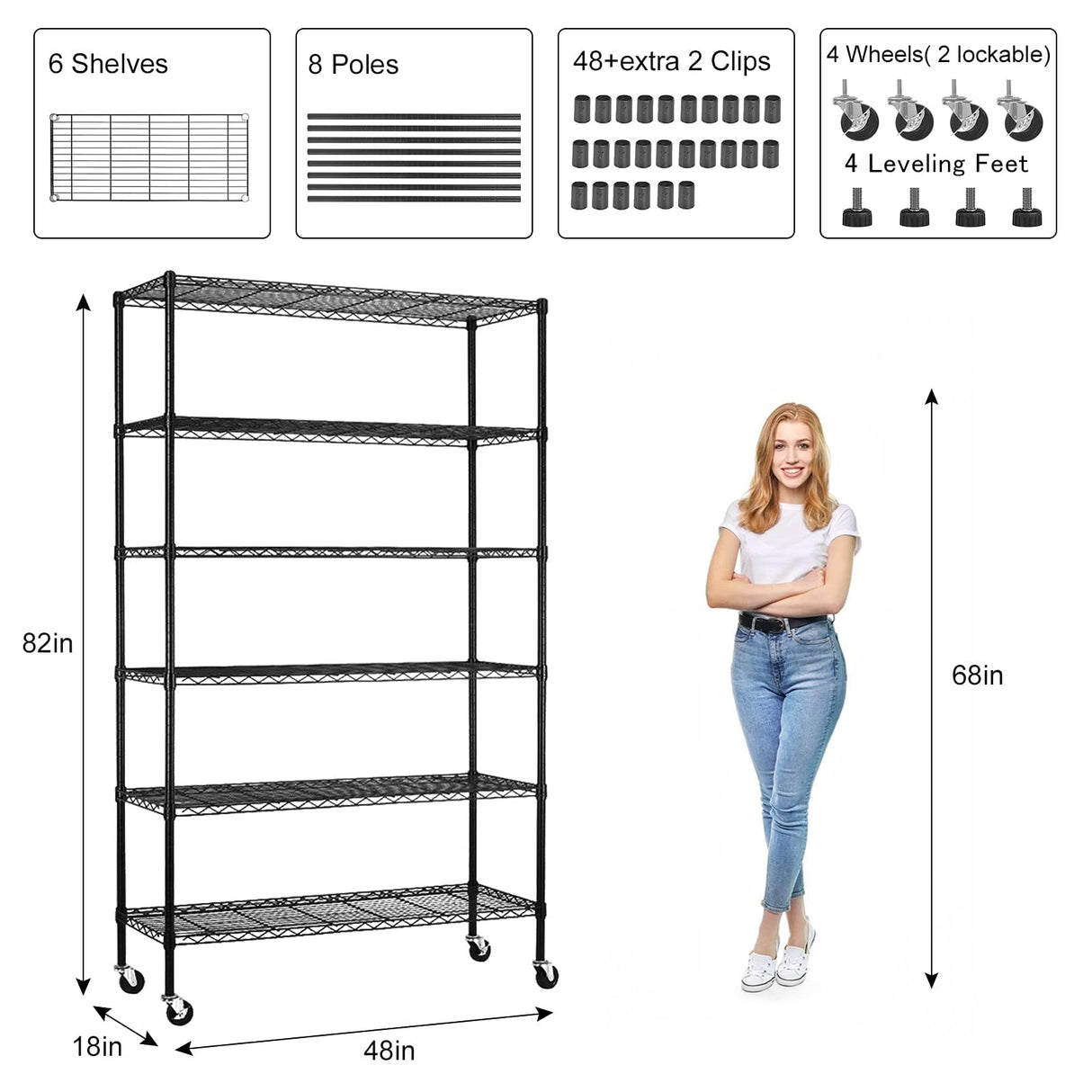 YYkokocat 6-Tier Wire Shelving Unit 2100Lb Capacity Adjustable Storage Shelves Heavy Duty Storage Rack with Wheels NSF Metal Shelf for Closet Kitchen YYkokocat