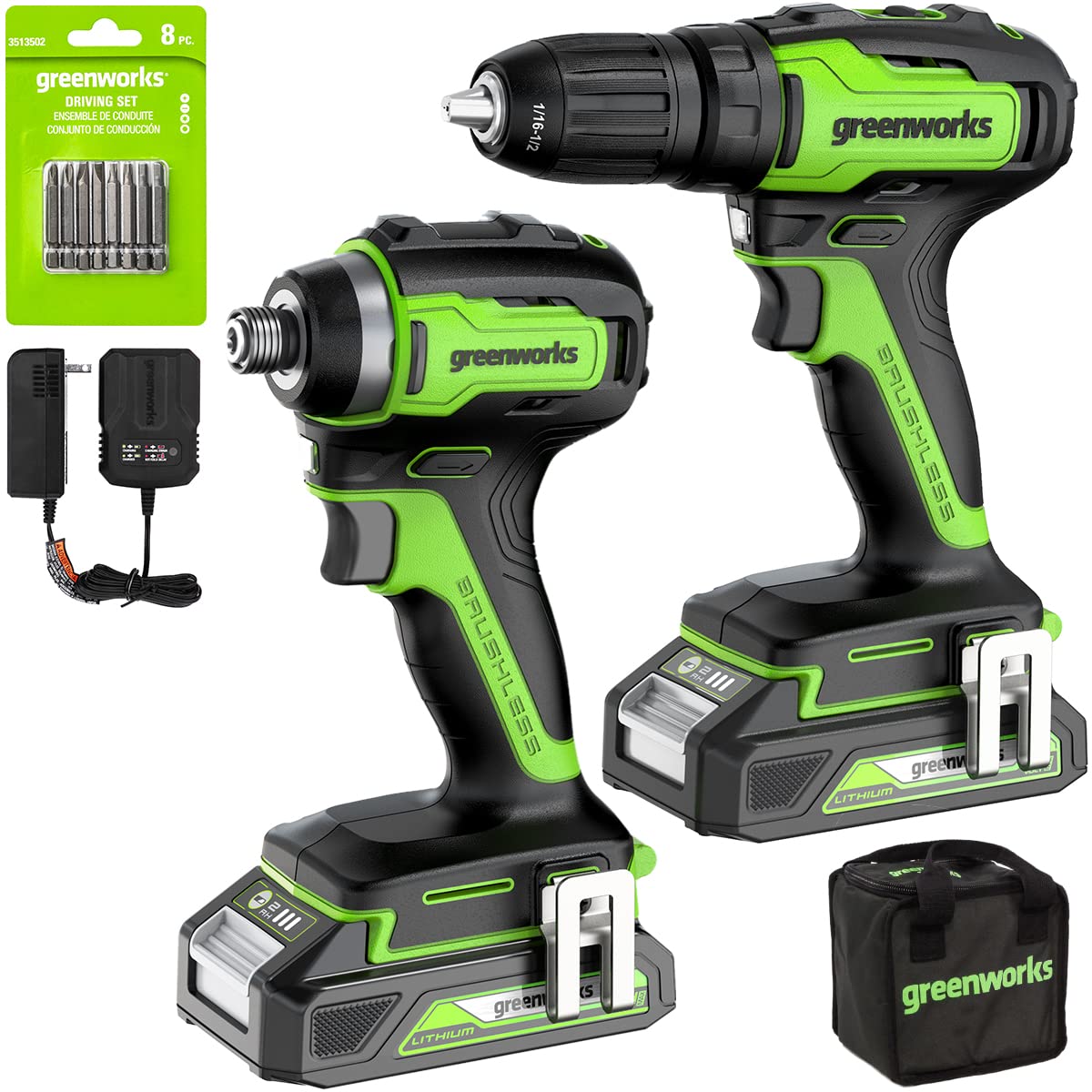 Greenworks 24V Brushless Cordless Drill Impact Driver Combo kit, 1/2”Drill & 1/4”Hex Impact Driver Power Tool Kit, Included 2 Batteries, 1 Charger, 8 Greenworks