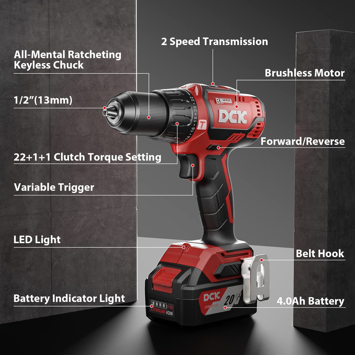 DCK Brushless Hammer Drill, 20V Max Hammer Drill Cordless, 531In-lb,36000 BPM,1/2" All-Metal Chuck, Variable Speeds, 22+1+1 Torque Setting, 4.0Ah DCK