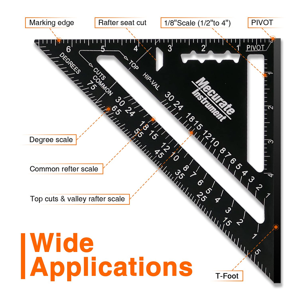 Mecurate Rafter Square, 7 inch Triangle Carpenter Square Die-cast Aluminum Alloy for Woodworking and Carpentry (7 inch) Mecurate