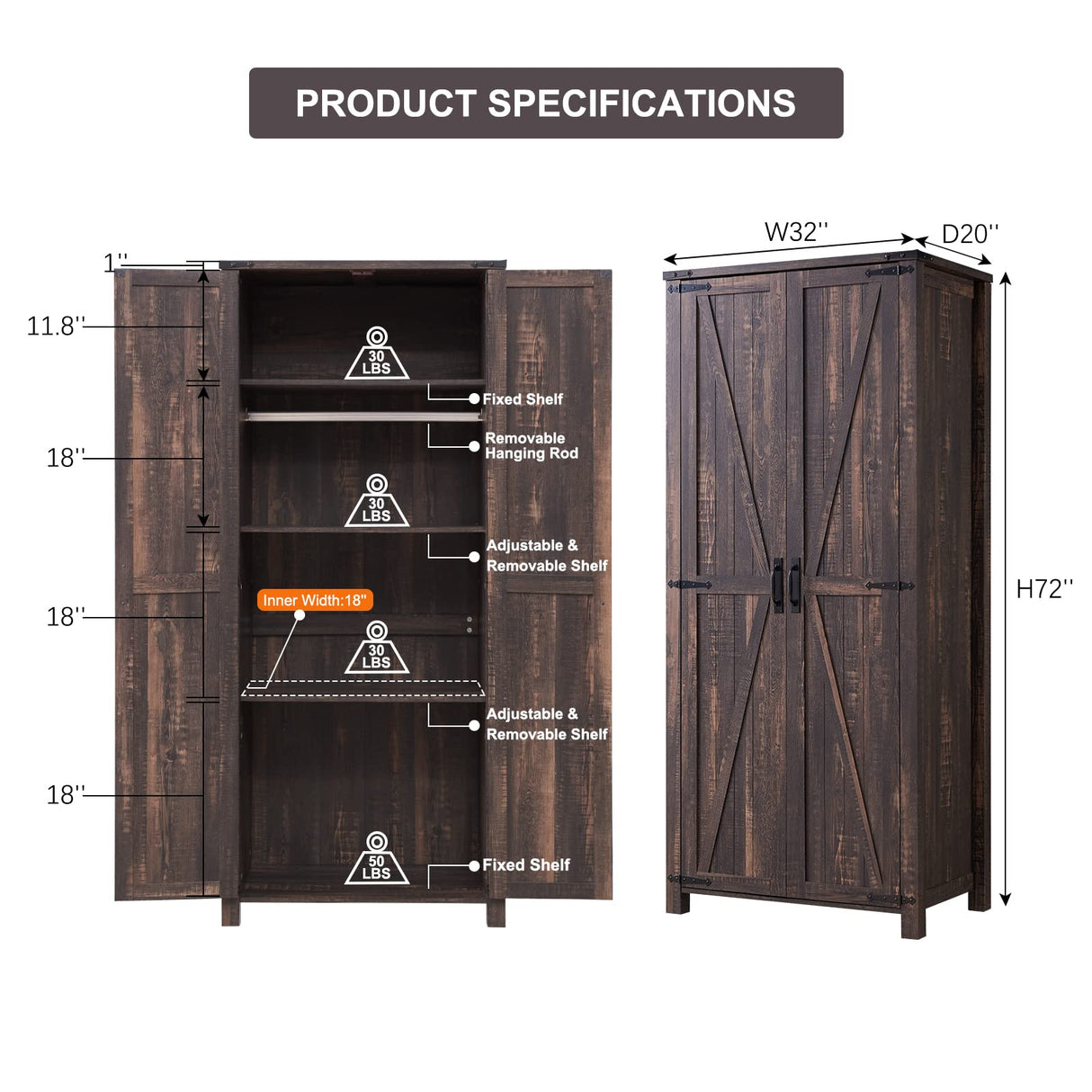 OKD 32'' Rustic Farmhouse Armoire with Adjustable Shelves and Barn Doors OKD