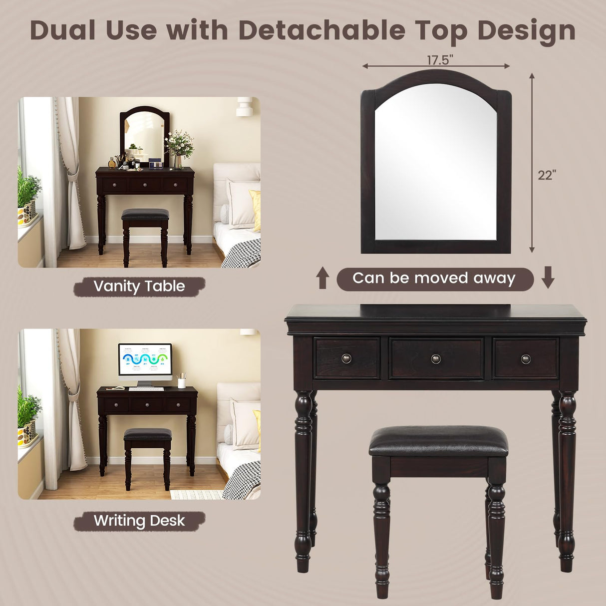 CHARMAID Makeup Vanity Desk with Mirror and Stool, 34'' Wide Vanity Table Set with Large Mirror, 3 Drawers, Cushioned Stool, Solid Wood Legs, Bedroom CHARMAID