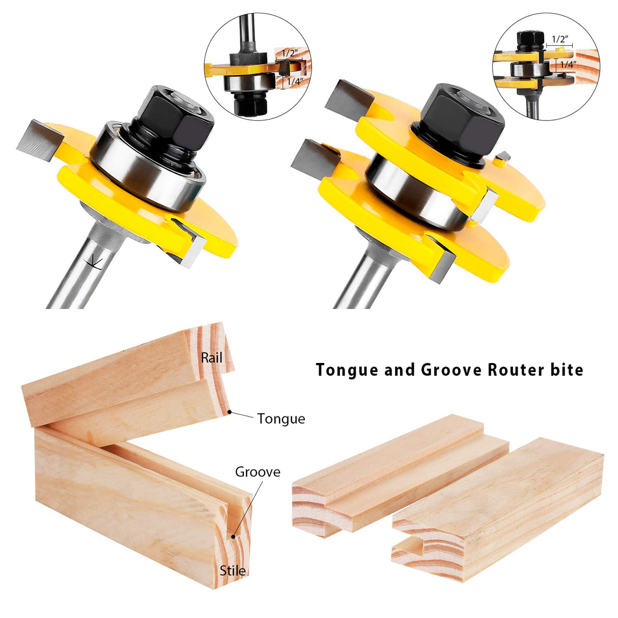 KOWOOD Tongue and Groove Set of 2 Pieces 1/4 Inch Shank Router Bit 3 Teeth Adjustable T Shape Wood Milling Cutter KOWOOD