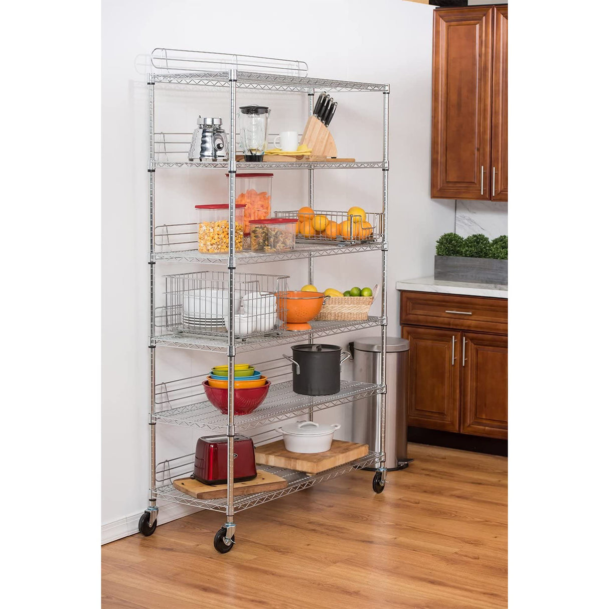 TRINITY EcoStorage Heavy Duty 6-Tier Adjustable Wire Shelving with Wheels and Backstands for Kitchen Organization, Garage Shelving, NSF Certified, TRINITY