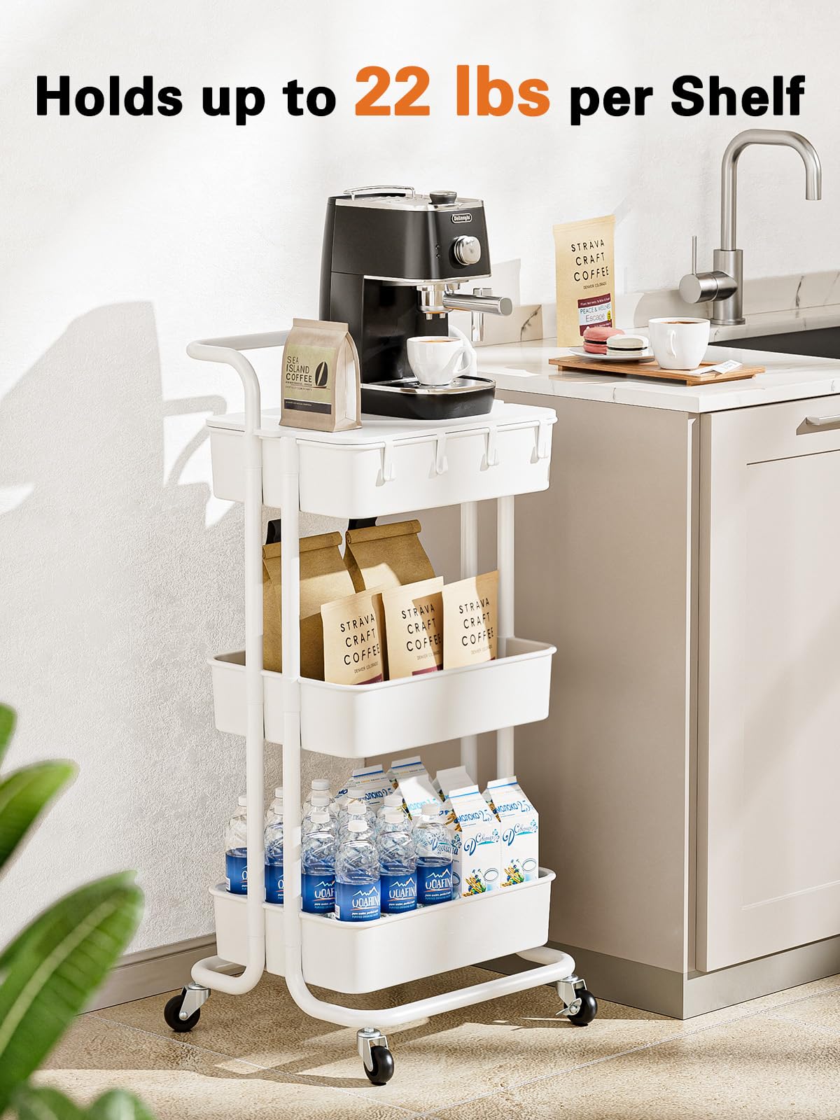 Pipishell 3 Tier Rolling Cart with Table Top, Utility Cart with Wheels & 4 Hooks, Rolling Storage Cart for Home Storage and Organization, White, Pipishell