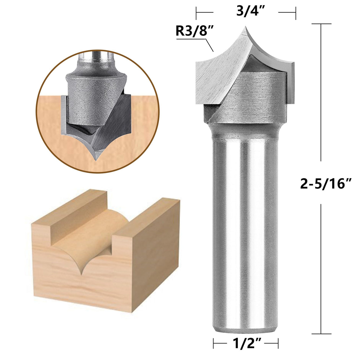 SpeTool 3/8" Radius Point Cutting Rounover Router Bits 1/2 Inch Shank 3/4" Cutting Diameter , 2 Flute Solide Carbide Tipped Round Over CNC Router Bit SpeTool