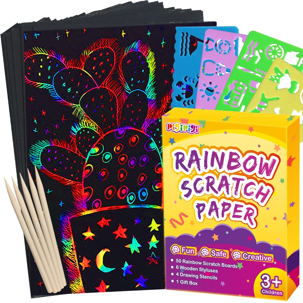 ZEAYEA 200 Pcs Scratch Paper Art Set, Scratch Off Rainbow Magic Paper with  10 Bamboo Stylus, 8 Stencils, Black Scratch Notes for Boys and Girls DIY