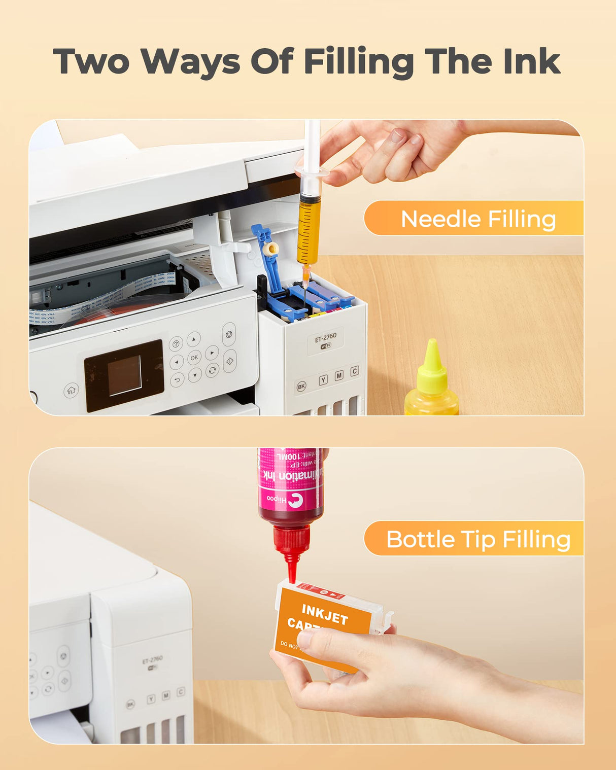 Hiipoo Sublimation Ink Refilled Bottles with Heat Tape Refill for ET2400 XP4105 XP4100 ET2720 ET2760 ET2750 ET4800 ET-2800 ET-2803 ET-2850 Inkjet Hiipoo