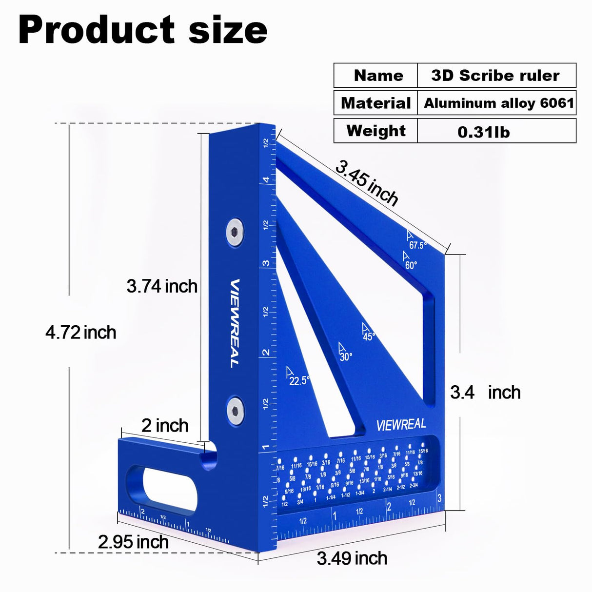 3D Multi Angle Measuring Ruler Aluminum Alloy Woodworking Square,Versatile Square Tool with Preset Angles from 22.5° to 90° Ideal Layout Tool for ViewReal