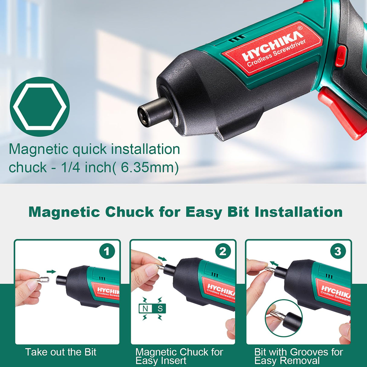 Cordless Screwdriver 6 N.m, HYCHIKA 4V 2000mAh Electric Screwdriver Gun, Adjustable 2 Position Handles, Front LED, DC Charging, 20pcs Accessories HYCHIKA BETTER TOOLS FOR BETTER LIFE