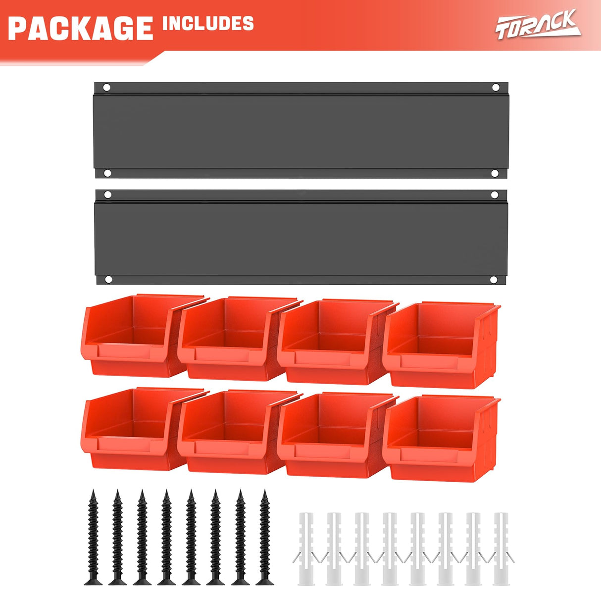 TORACK Wall-Mounted Storage Bins - 8 Plastic Bins & 2 Metal Tracks for Tools Organization in Garage, Craft Room, and Shop TORACK