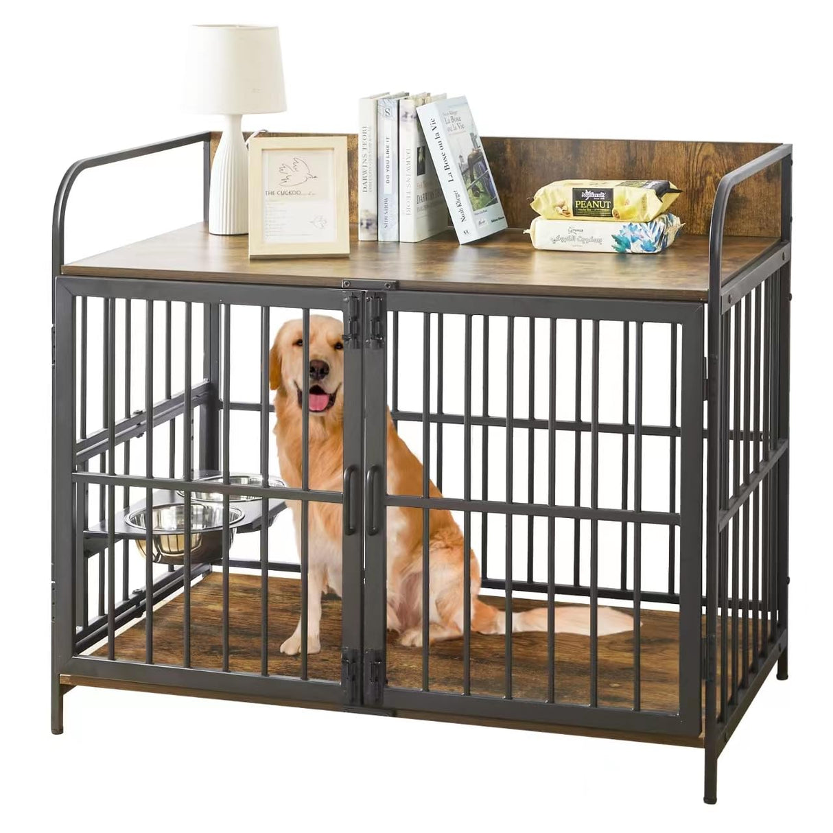 SEPTBOT Large Dog Kennel Indoor Furniture, 41 Inch Large Dog Crate with 360° Adjustable Feeder-2 Stainless Steel Bowls, Wooden Dog Cage Table for SEPTBOT