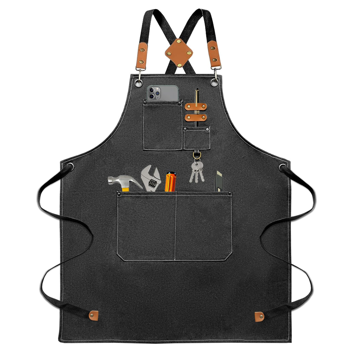 Bluegogo Chef Aprons for Men Women, Cotton Canvas Cross Back Adjustable Apron with Large Pockets for Kitchen Garden Salon, Size M to XXL (Black) Bluegogo