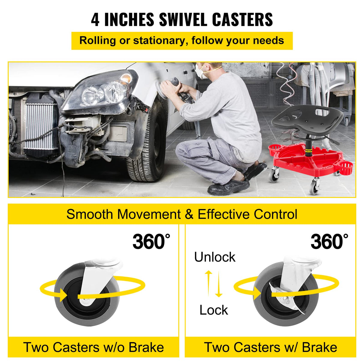 VEVOR Rolling Garage Stool, 300LBS Capacity, Adjustable Height from 18 in to 23 in, 360-degree Swivel Wheels (4"), Large Tool Tray with Two Bottle VEVOR