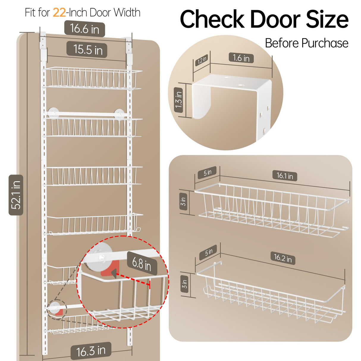 Delamu Pantry Door Organizer, Adjustable Metal Over the Door Pantry Organizer Rack, 6-Tier Over the Door Spice Rack, Kitchen Pantry Door Organizers Delamu