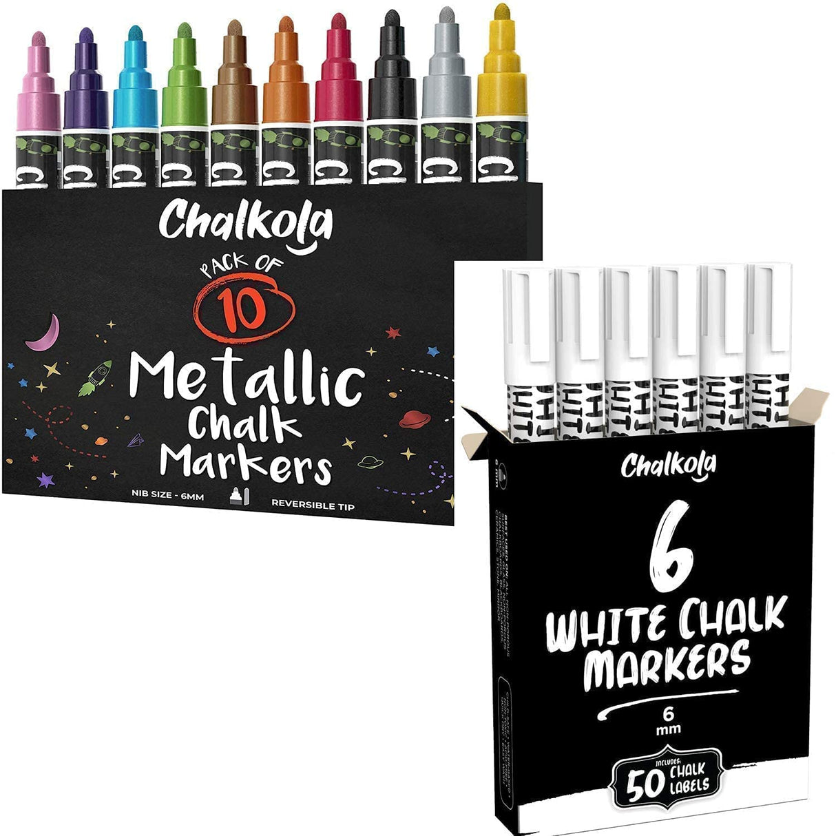 Chalkola Metallic Bundle - 10 Metallic + 6 White Markers 6mm Chalkola