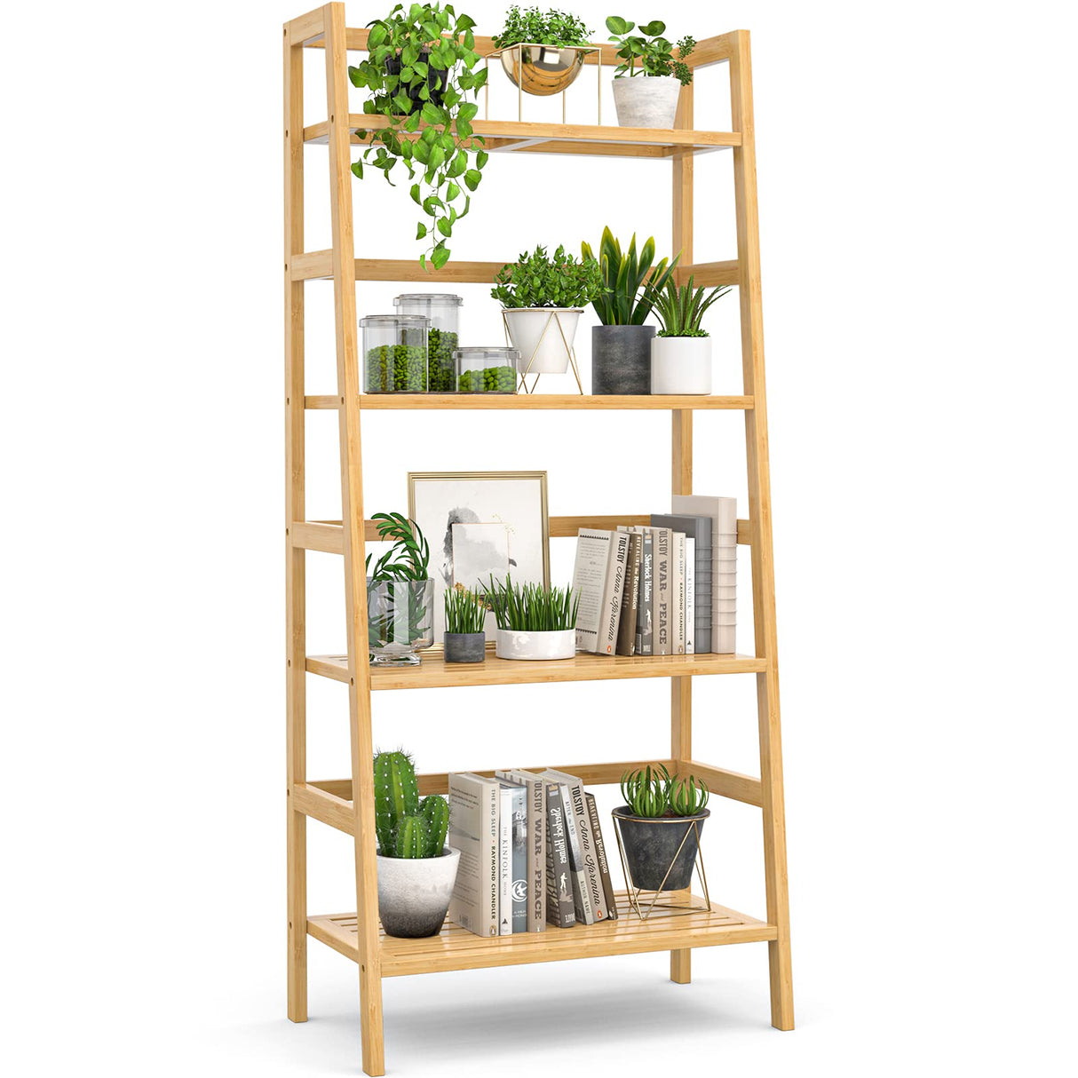 Homykic 4-Tier Bamboo Ladder Shelf – Stylish Freestanding Bookcase for Storage and Display Homykic