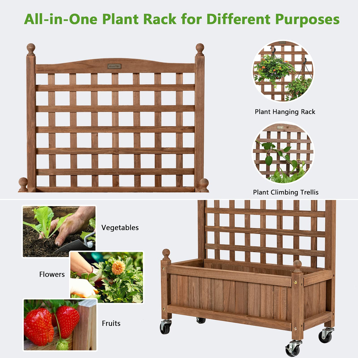 Giantex Mobile Plant Raised Bed, Wood Planter with Lattice Trellis and Wheels, Flower Box for Plant Climbing, Vertical Garden for Balcony Patio Yard Giantex