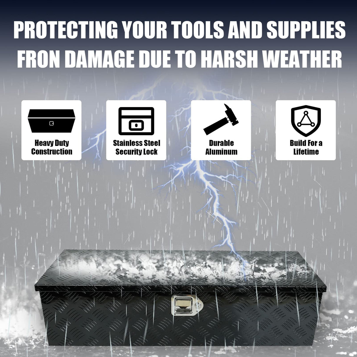 confote 39 Inch Heavy Duty Aluminum Stripes Plated Tool Box Pick Up Truck Bed RV Trailer Toolbox Waterproof Square Storage Organizer with Side confote