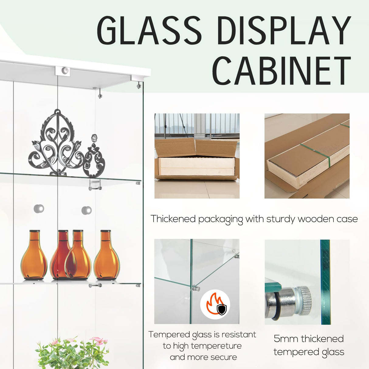 FANYUSHOW Elegant Glass Display Cabinet with Lock - Quick-Install 4-Shelf Curio Unit in White FANYUSHOW