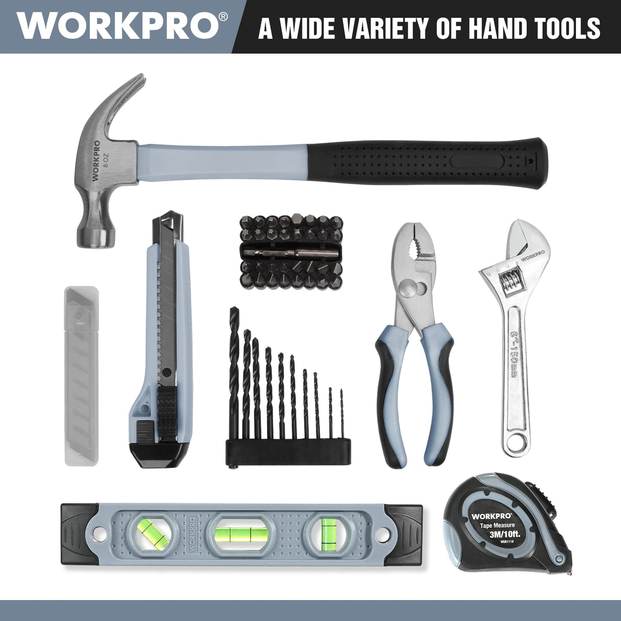 WORKPRO 12V Cordless Drill Driver and Home Tool Kit, Hand Tool Set for DIY, Home Maintenance, 14-inch Storage Bag Included WORKPRO