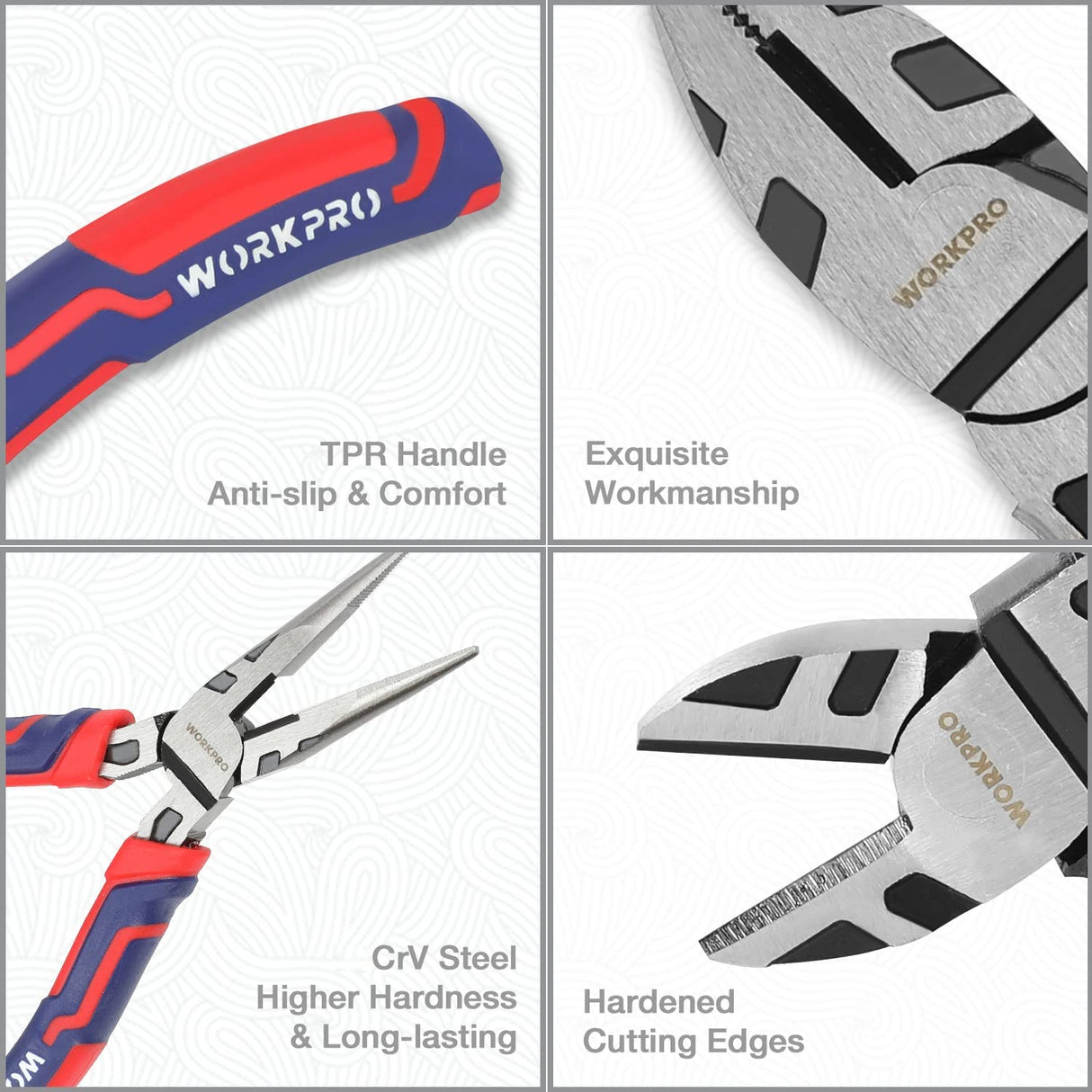 WORKPRO Pliers Set, Premium Cr-V Construction, Includes 6 Inch Slip Joint Pliers, 6 Inch Long Nose, 6 Inch Diagonal Cutting, 8 Inch Groove Joint, 7 WORKPRO