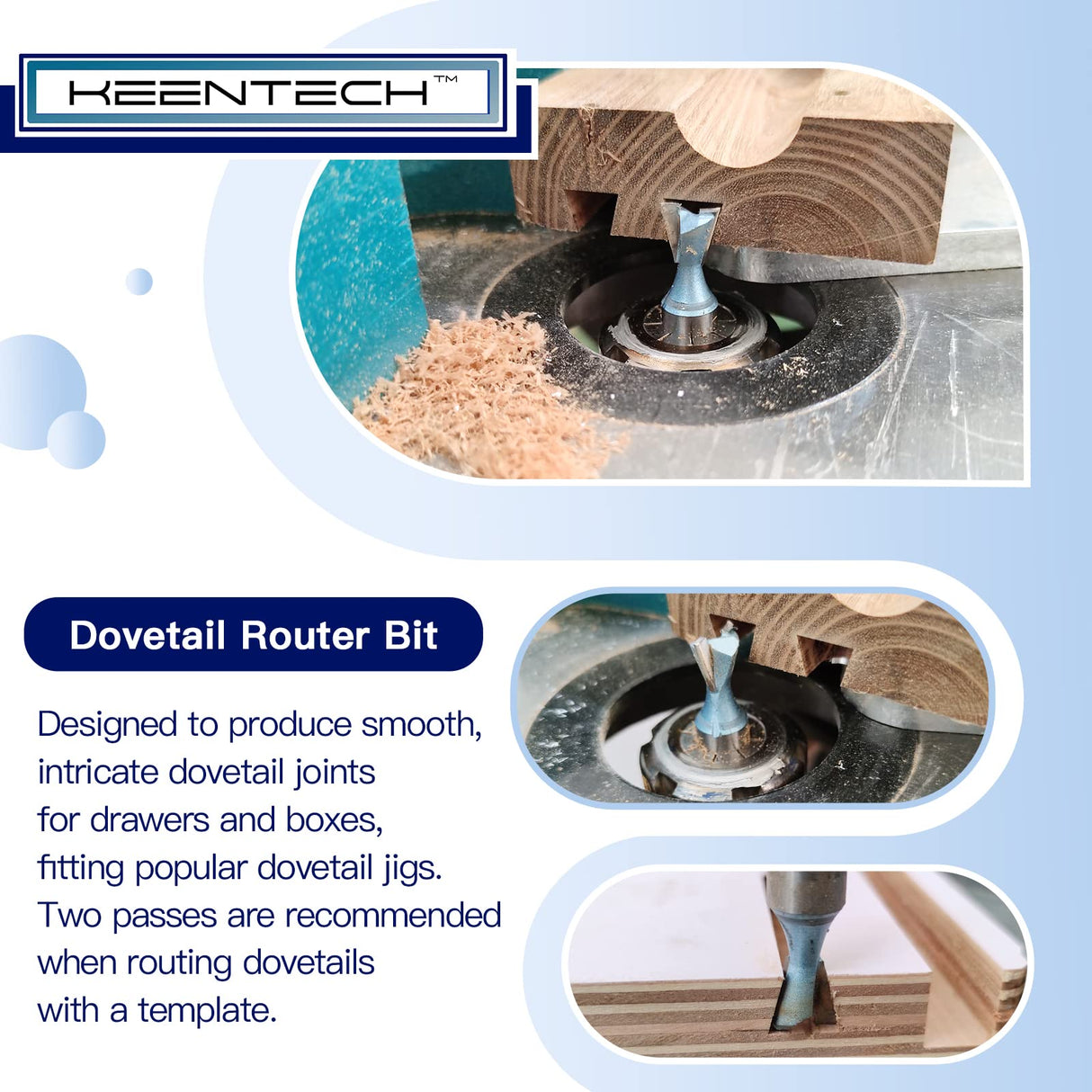 KEENTECH Router Bits, Carbide Tipped 14-Degree Dovetail Bit for Joinery, Industrial Grade Blue Cutting Tools for Woodworking (1/4 Inch Shank x 1/2 KEENTECH