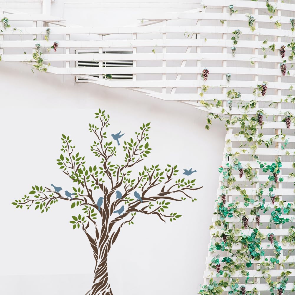 MAYJOYDIY 3pcs Large Tree Bird Branch Stencils 30.8×30.8inch Splice Size Bird On Tree Branch Template with Paint Brush 11.8×11.8inch Stencil Size for MAYJOYDIY