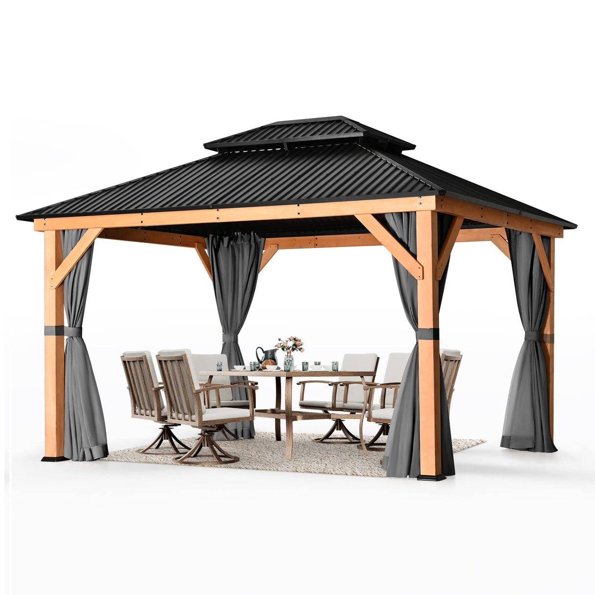 HAPPATIO 11' × 13' Wood Gazebo, Outdoor Hardtop Gazebo with Mosquito Netting and Curtains, Double Metal Roof Patio Gazebo Hard Top Gazebo for Garden, HAPPATIO