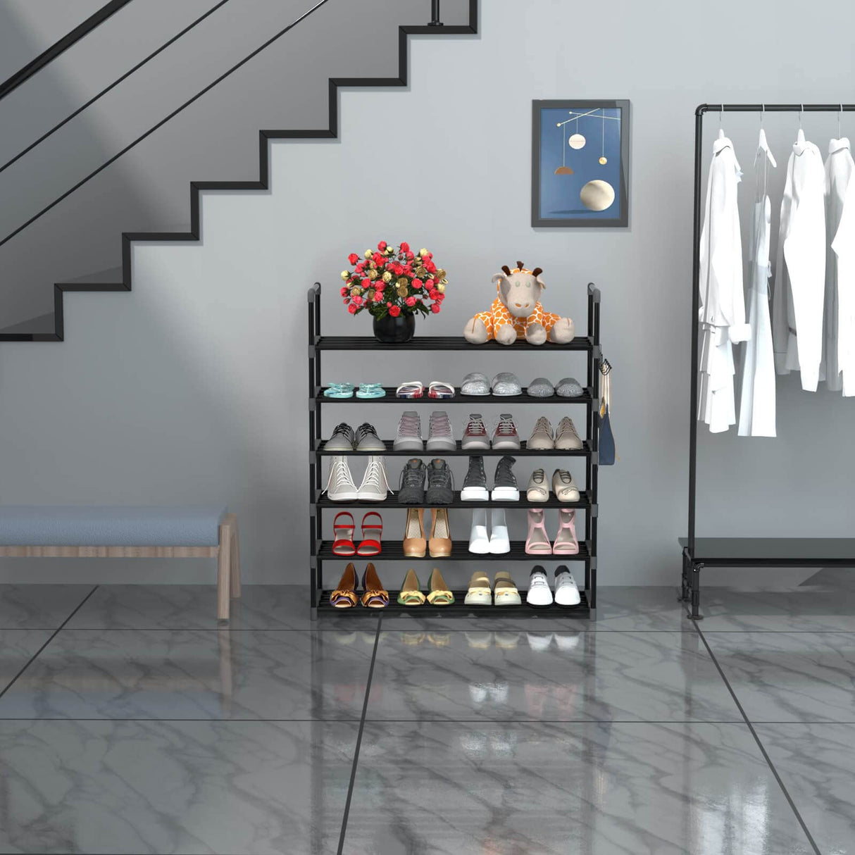 Hsscblet 6 Tiers Metal Shoe Rack,Adjustable Shoe Shelf Storage Organizer with Hooks,Stackable Boot & Shoe Storage,for Entryway,Hallway,Closet,Black Hsscblet