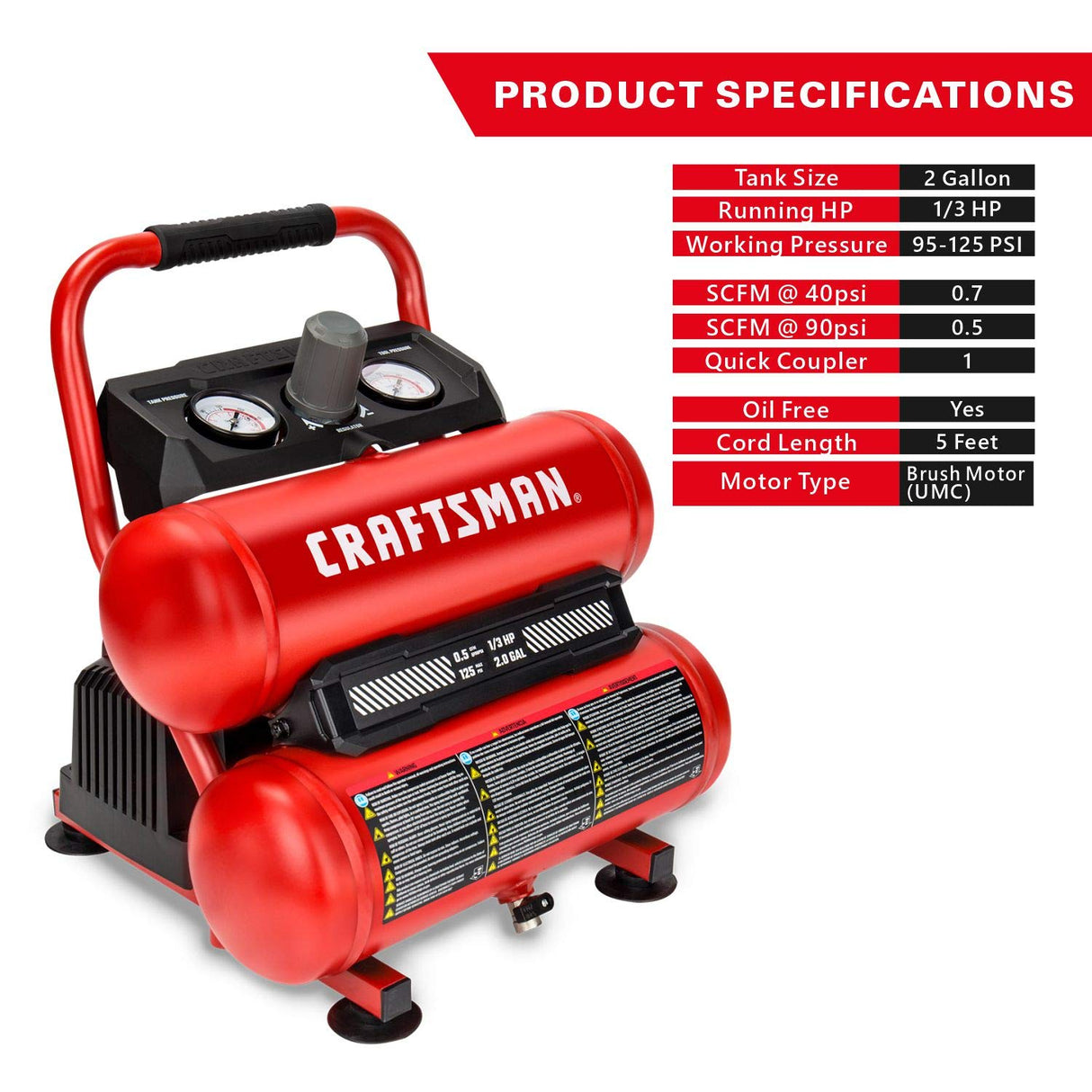 CRAFTSMAN Air Compressor Portable Air Tool Twin Tank 2Gallon, 1/3 HP Oil-Free Max 125 PSI Pressure, Model: CMXECXA0220242, Red Craftsman
