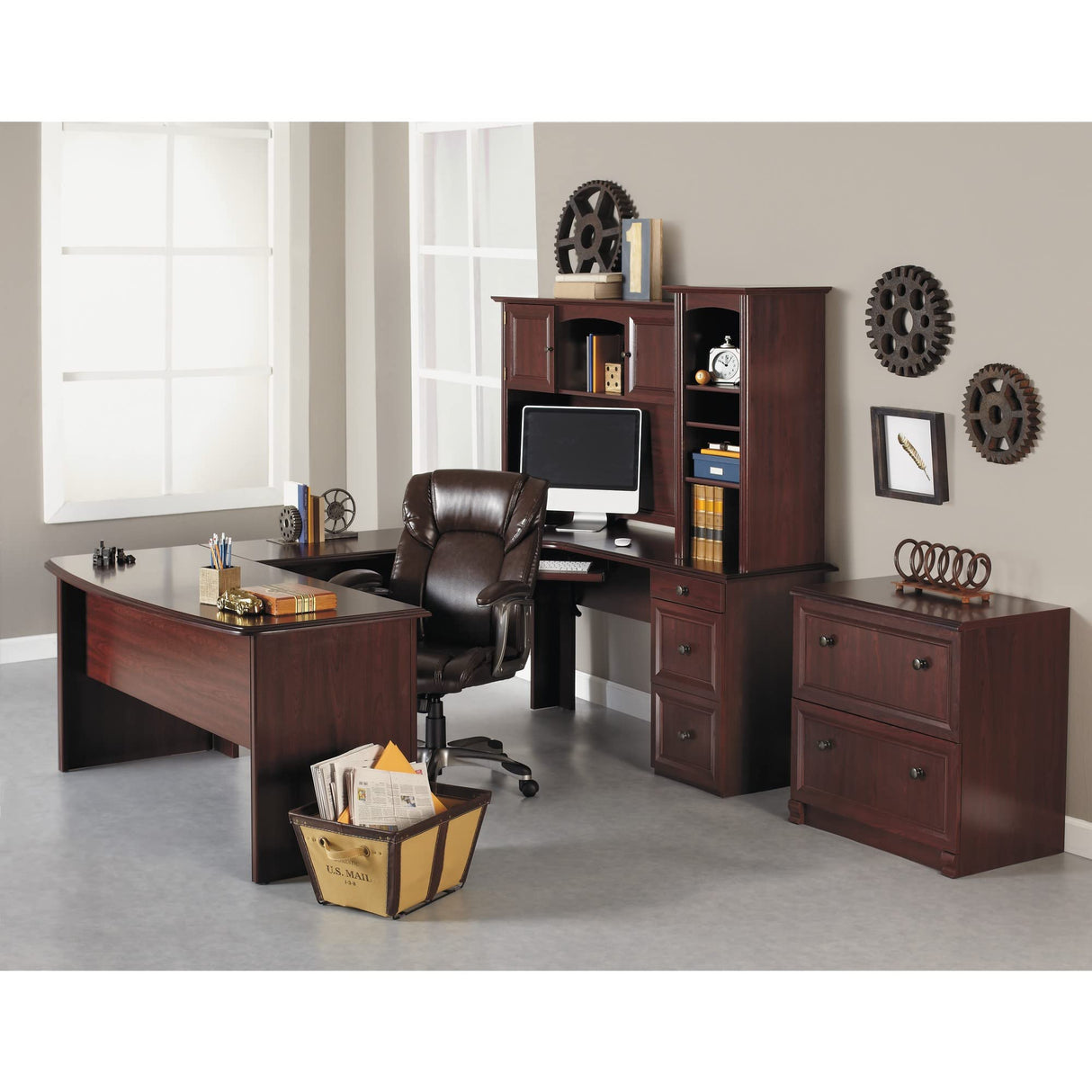 Realspace® Broadstreet 65"W U-Shaped Executive Corner Desk, Cherry Realspace