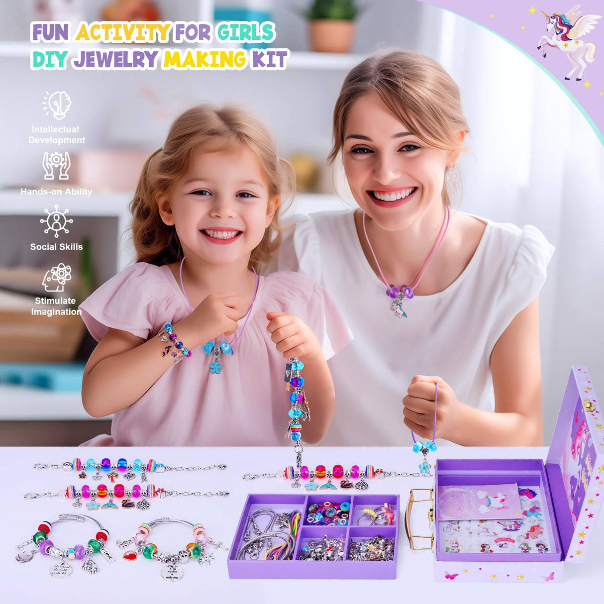 homicozy DIY Charm Bracelet Making Kit for Girls with A Unicorn Compartment Storage Box, Jewelry Making Kit Craft Beads, Necklace, Ring, Christmas homicozy