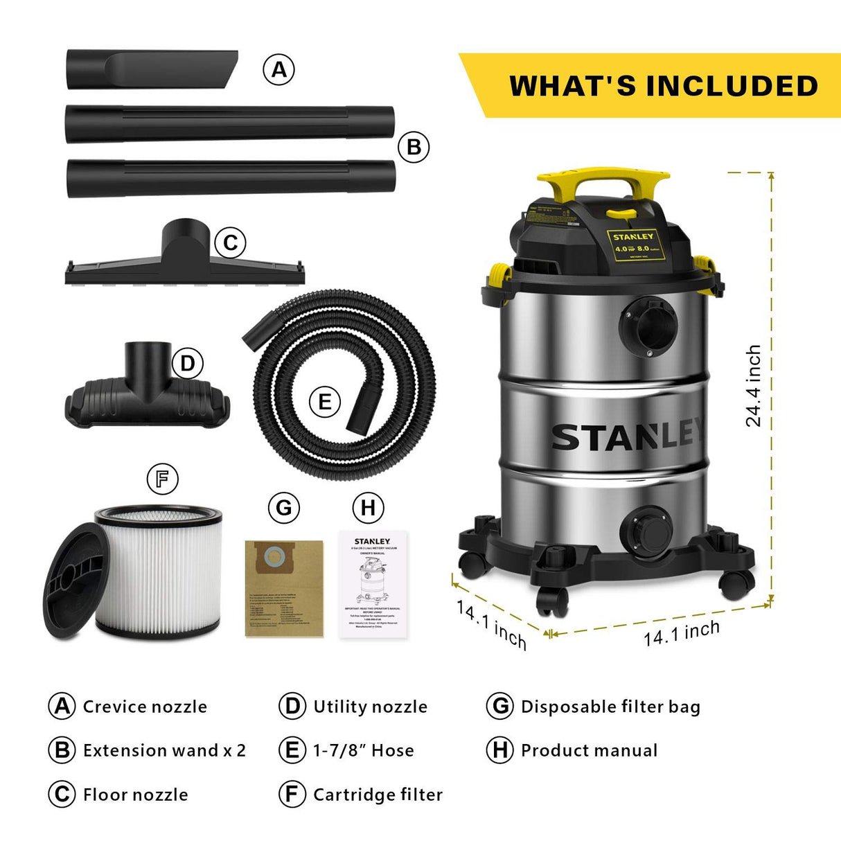 Stanley SL18117 Wet/Dry Vacuum, 8 Gallon, 4 Horsepower, 4.0 HP, Silver Stanley
