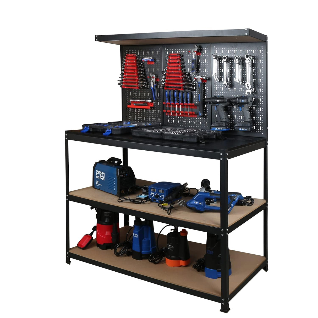 47”Workbench, Heavy-Duty Steel Tool Workbench with Pegboard Shelves, 330Lbs Multipurpose Work Benches for Garage, Home, Workshop Storage Prostormer