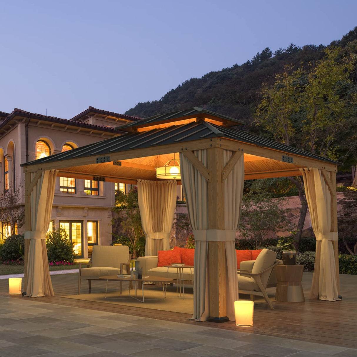 YOLENY 11' x 13' Solid Spruce Wood Gazebo, Hardtop Gazebo with Coated Wood Frame, Waterproof Asphalt Double Roof, Nettings and Curtains for Lawns, YOLENY