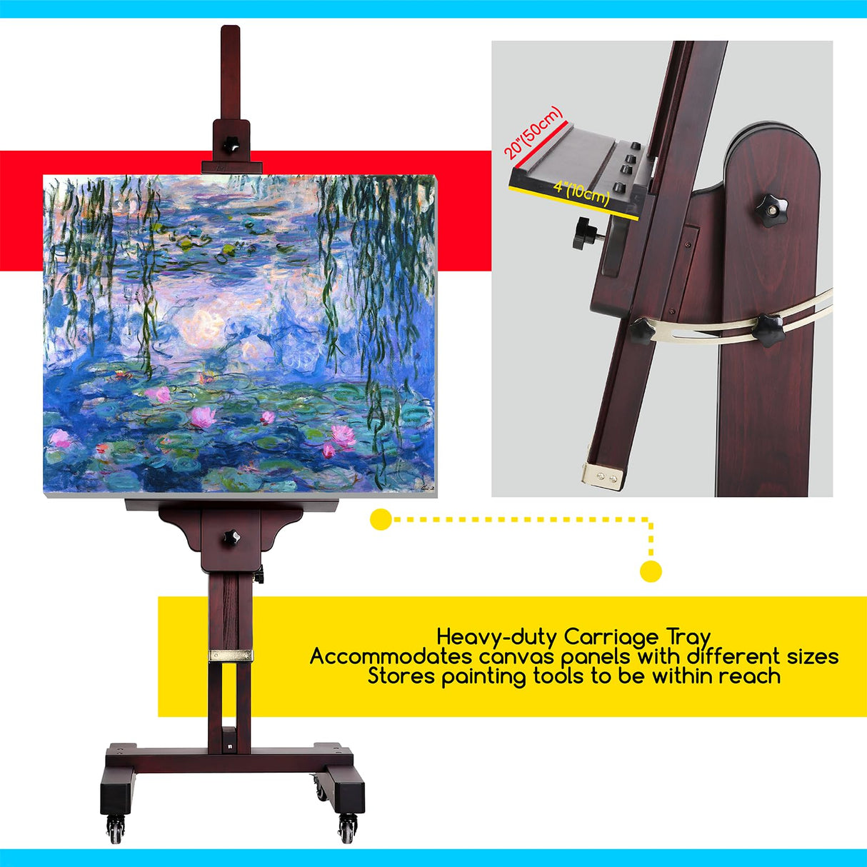 MEEDEN Extra Large Studio Easel, Professional Artist Easel, Heavy Duty Floor Easel, Tilts Flat Easily, Rosewood Finished, Holds Canvas Art up to 71” MEEDEN