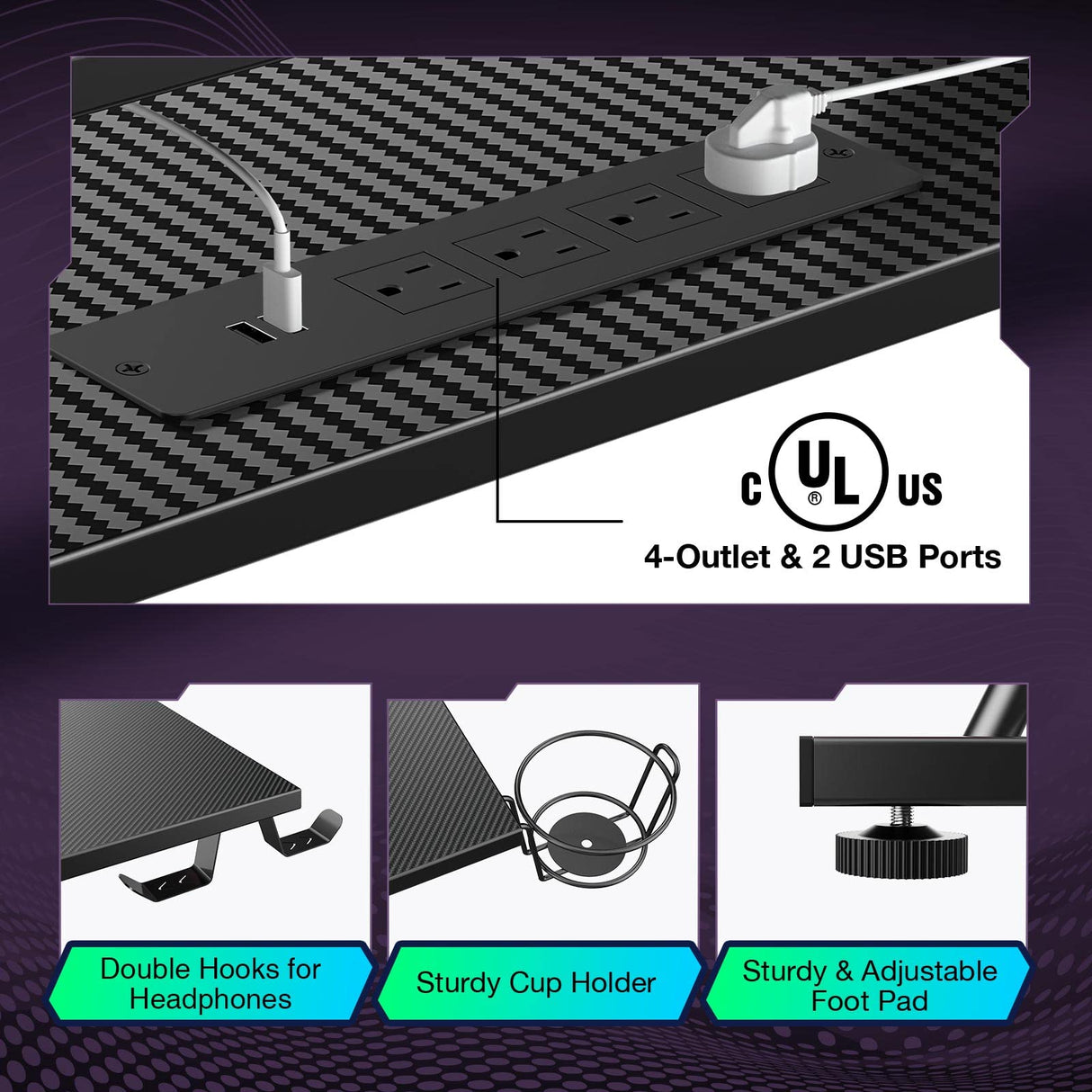 SEVEN WARRIOR L Shaped Gaming Desk with LED Lights & Power Outlets, 50.4” Computer Desk with Monitor Stand & Carbon Fiber Surface, Corner Desk with SEVEN WARRIOR