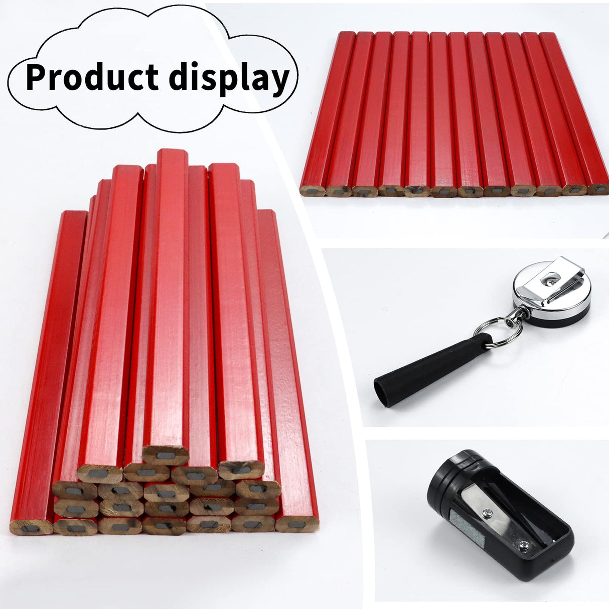 Rcybeo Carpenter Pencils 24pcs Construction Pencil 7 Inches Flat Black Carpenter Pencil with Pencil Sharpener Retractable Carpenter Pencil Holders Rcybeo