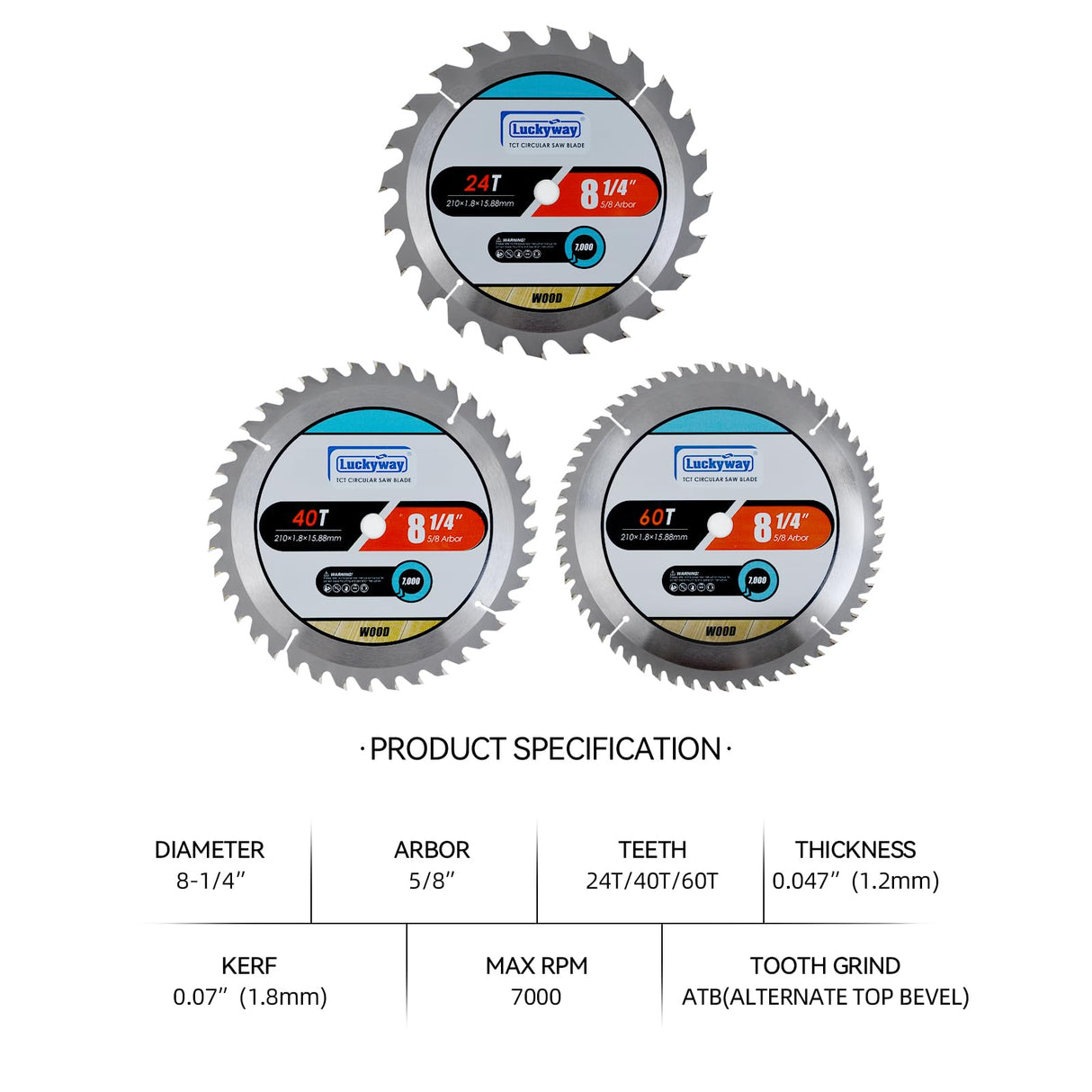 Luckyway 3-Pack 8-1/4 Inch 24T Framing & 40T Ripping/Cross Cutting 60T Finish with 5/8 Inch Arbor TCT Circular Saw Blade for Cutting Wood Luckyway