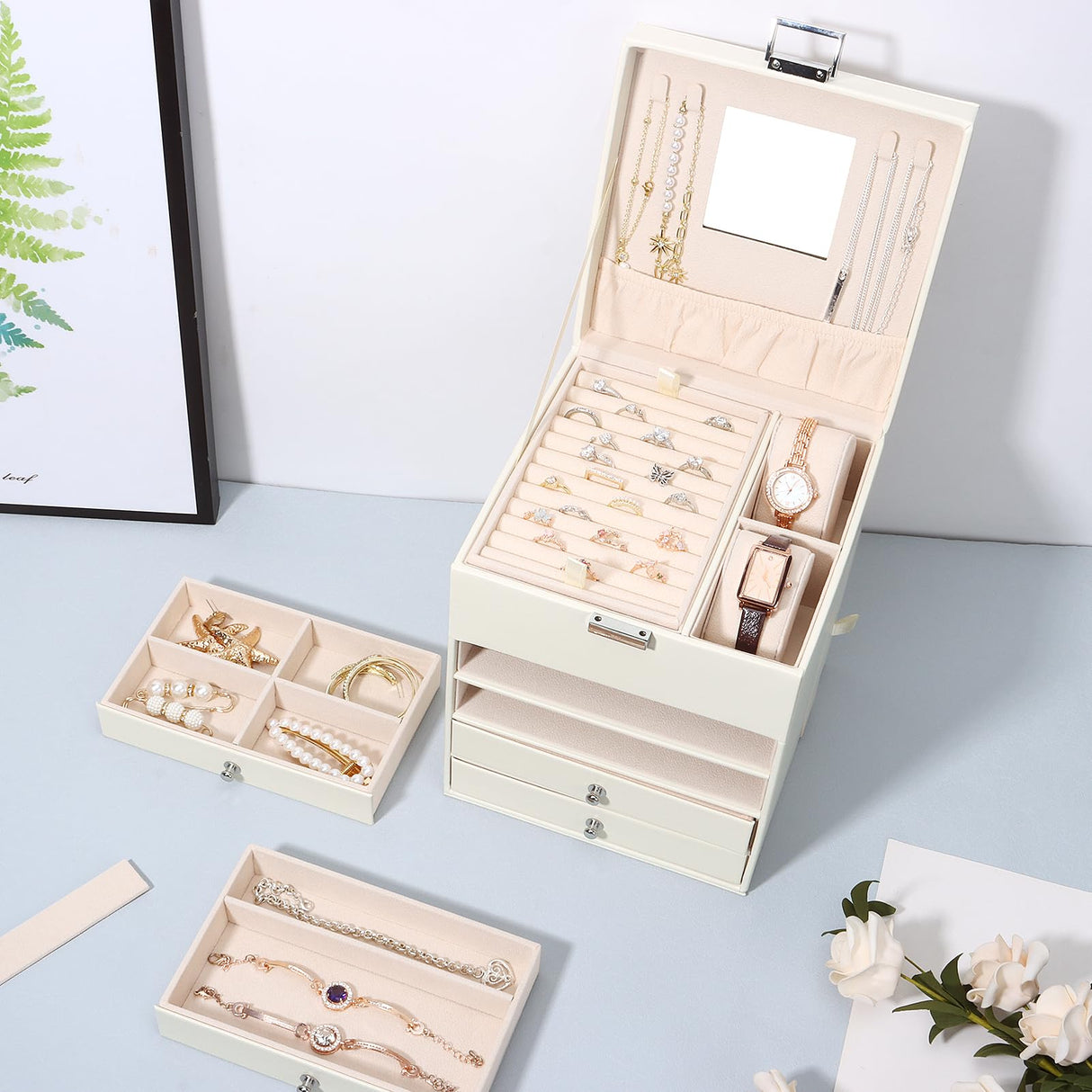 DesignSter Jewelry Organizer Box, 5 Layers Jewelry Box with side compartment, Large Leather Jewelry Storage Case With Mirror For Necklaces Earrings DesignSter